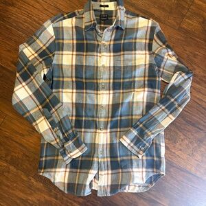 J.Crew Mens S Blue Orange Plaid Flannel Shirt Cabincore Lumberjack Hiking Layer